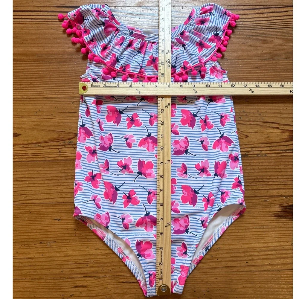 Nicole Miller Swimsuit Kids Blue Pink Floral Pom Pom Striped One Piece SIZE 12‎ - Picture 4 of 6